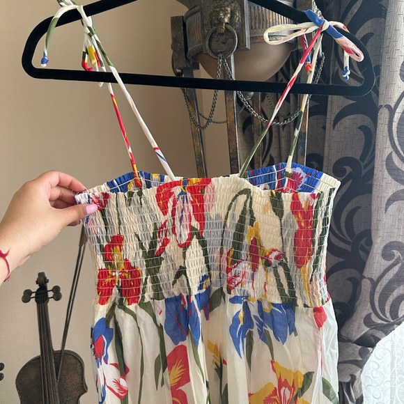 Tory Burch Iris Smocked Floral Midi Dress White Red Blue Size Large Fit & Flare - Picture 10 of 13